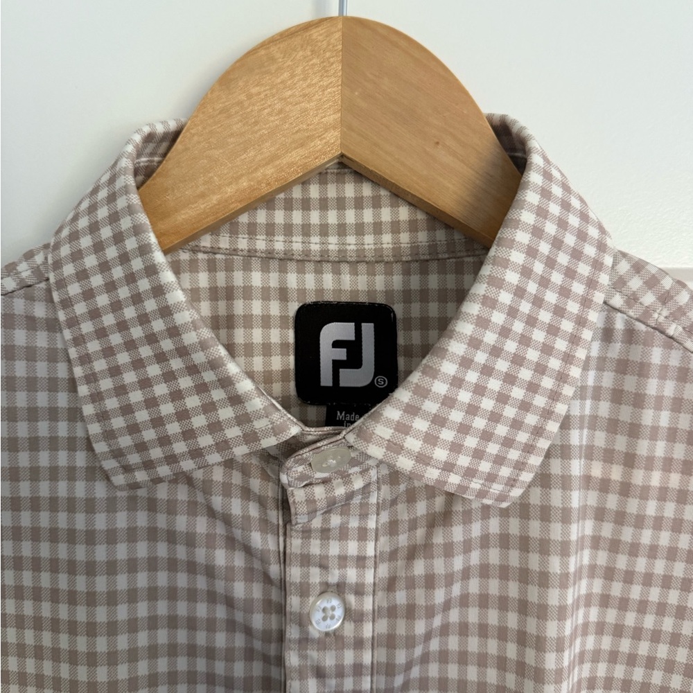 FootJoy Brown Windowpane Plaid Golf Polo Shirt Denton Country Club Size Small